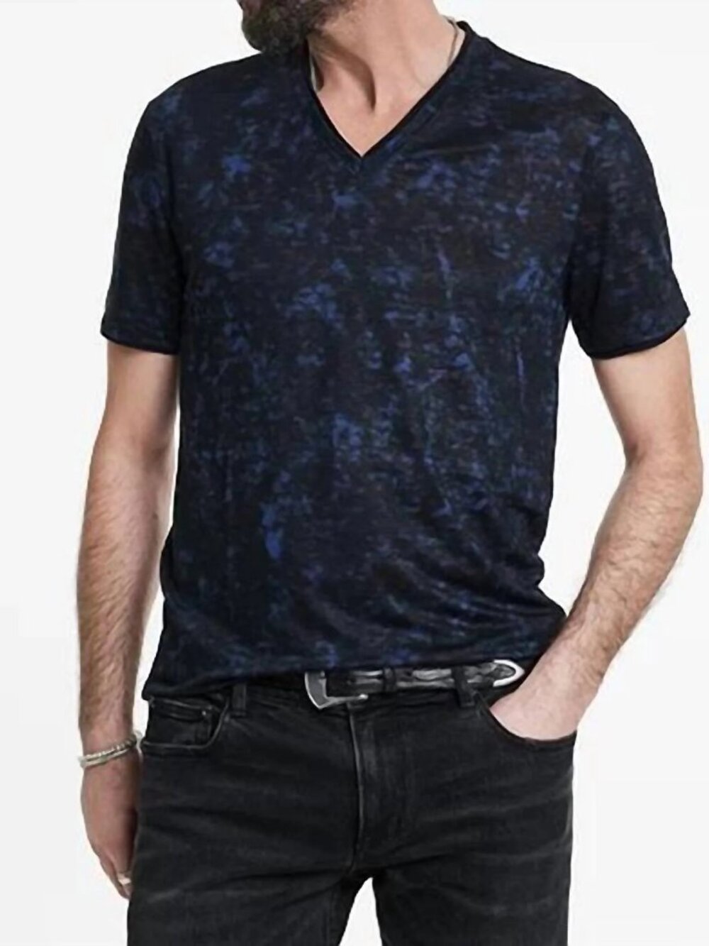 John Varvatos Mens Shirt Midnight Blue Size L Wooster V-Neck Tee Burnout